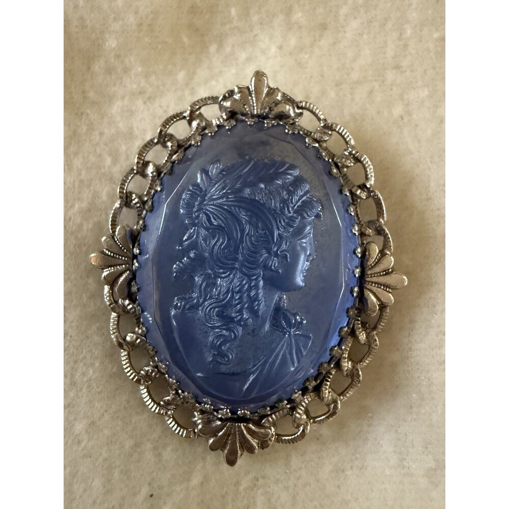 VTG Whiting & Davis Blue Molded Glass Cameo Brooch, 2.25"x1.75"